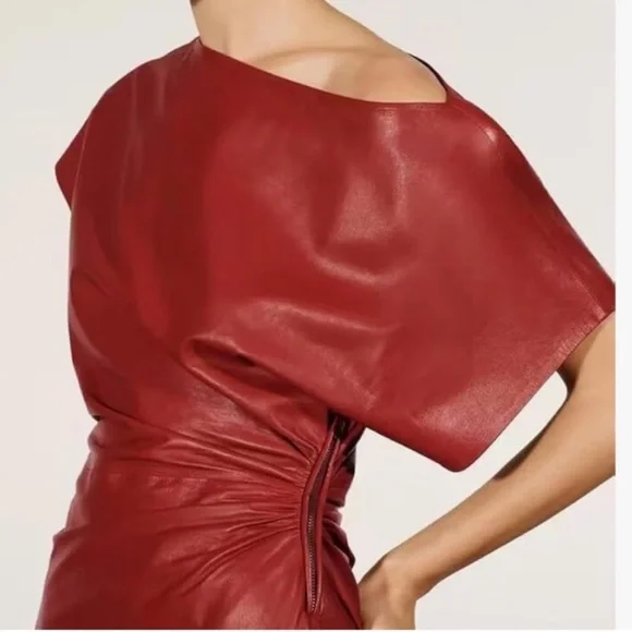 NWT ZARA Limited Edition Draped One-Shoulder Leather Mini Dress  Red Sz XS  - threedaughtersproperties.com